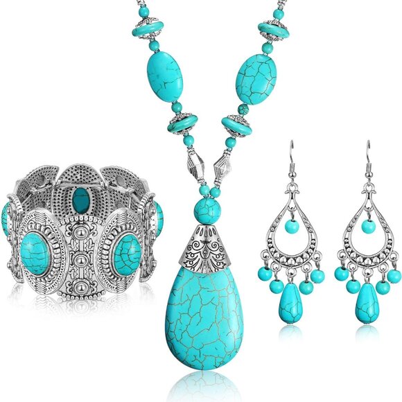 Jewelry - Charming Vintage Turquoise Jewelry Set for Women - Necklace, Earrings & Bracelet